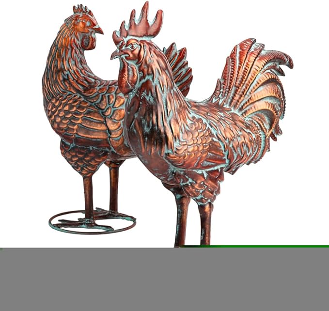 Metal Chicken Statues Decor – Lifelike Rooster & Hen Sculptures in Antique Copper Finish for Garden, Patio, Kitchen, or Backyard