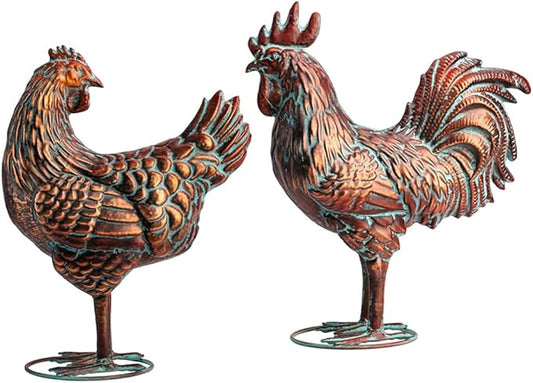 Metal Chicken Statues Decor – Lifelike Rooster & Hen Sculptures in Antique Copper Finish for Garden, Patio, Kitchen, or Backyard