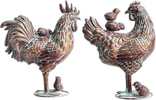 Metal Rooster, Hen & Chicks Garden Sculpture Set – Farmhouse Chicken Yard Art for Outdoor Lawn, Patio, or Backyard Decor