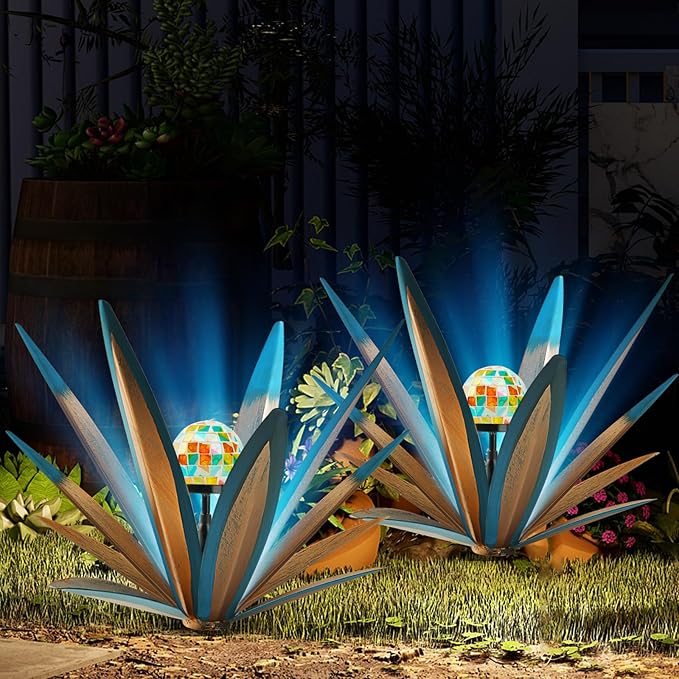 set of two solar-powered, hand-painted metal agave plant garden statues