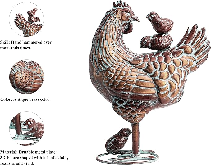 Metal Rooster, Hen & Chicks Garden Sculpture Set – Farmhouse Chicken Yard Art for Outdoor Lawn, Patio, or Backyard Decor