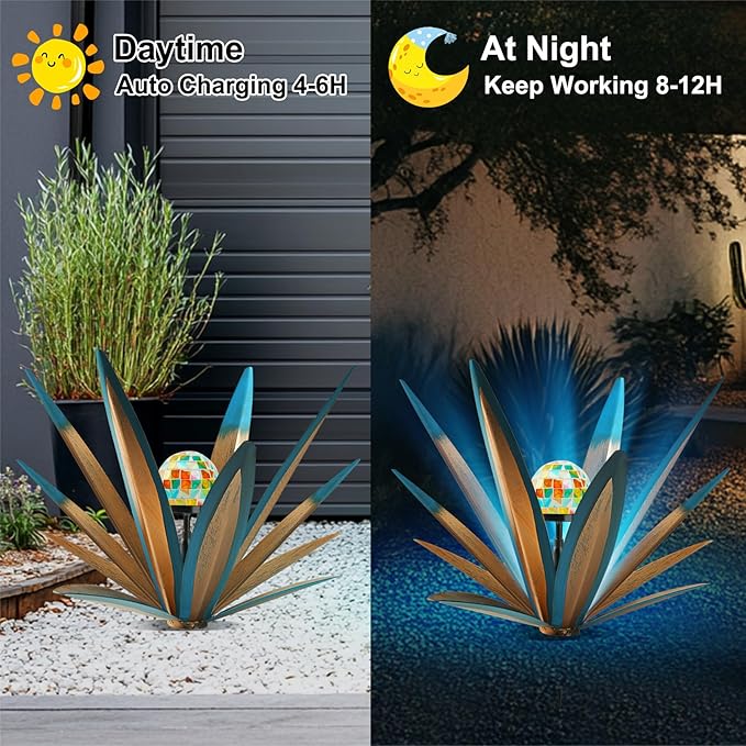 set of two solar-powered, hand-painted metal agave plant garden statues