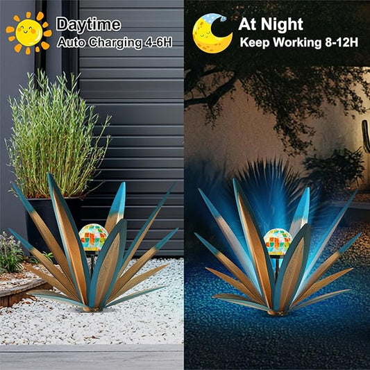 set of two solar-powered, hand-painted metal agave plant garden statues